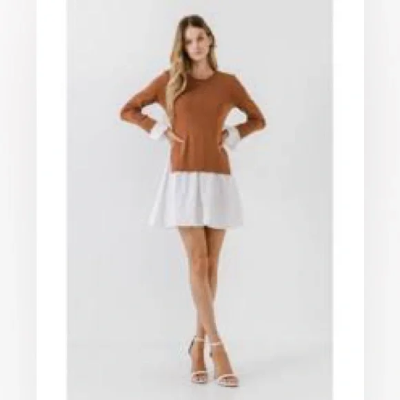 English Factory Mixed Media Mini Dress Brown White Size S NWT MINOR FLAW SEE PHO - Picture 1 of 7